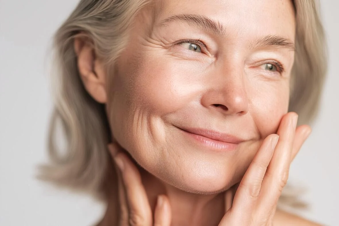 A radiant woman in her fifties, glowing skin
